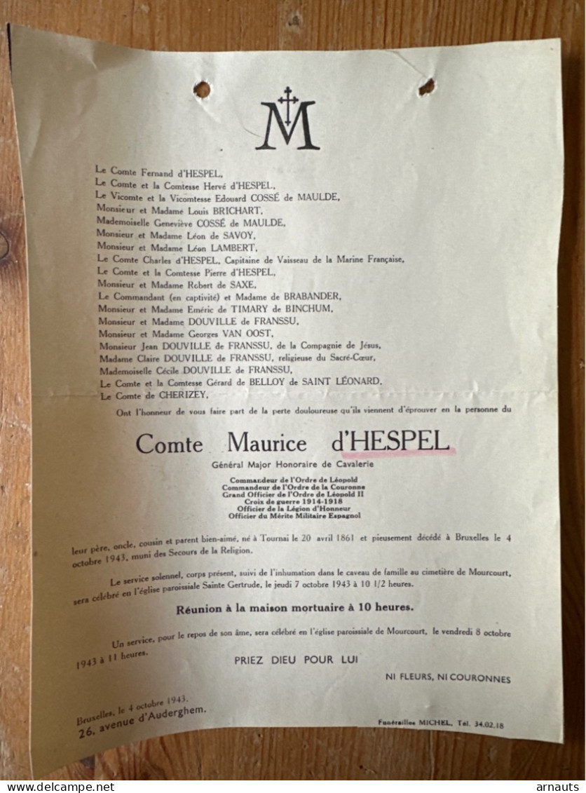 Comte Maurice D’Hespel General Major Cavalerie *1861 Tournai +1943 Bruxelles Mourcourt Cosse De Maulde De Timary Binckum - Obituary Notices