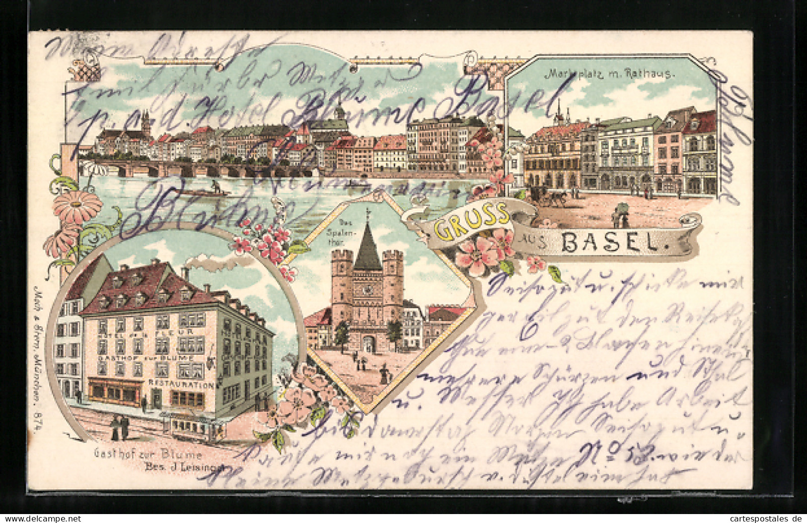 Lithographie Basel, Gasthof Zur Blume, Marktplatz Mit Rathaus, Spalenthor  - Bâle