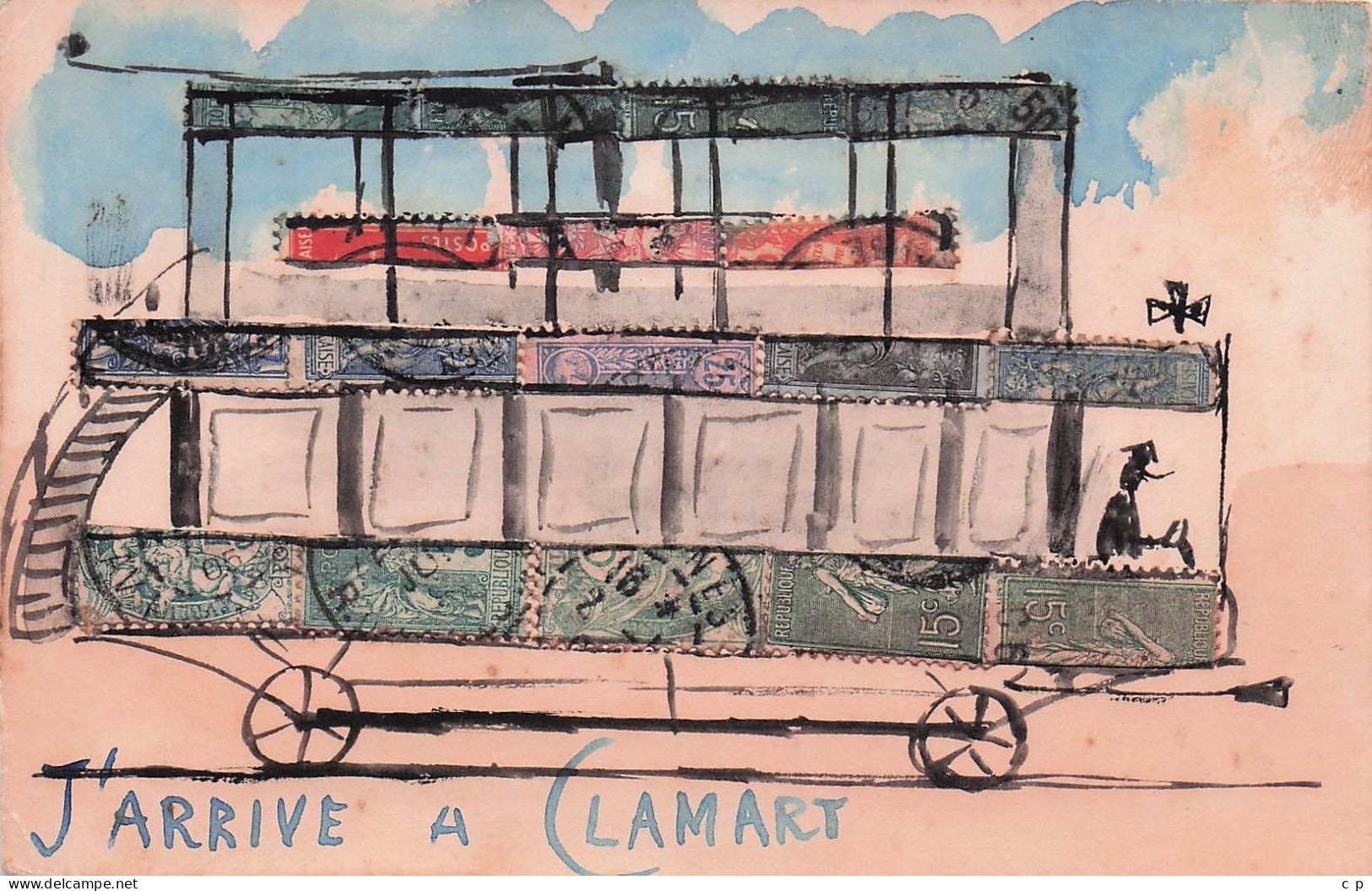 Clamart -  J'Arrive - Decoupis Avec Timbres  - Tramway - Peinte A La Main -   CPA °J - Clamart