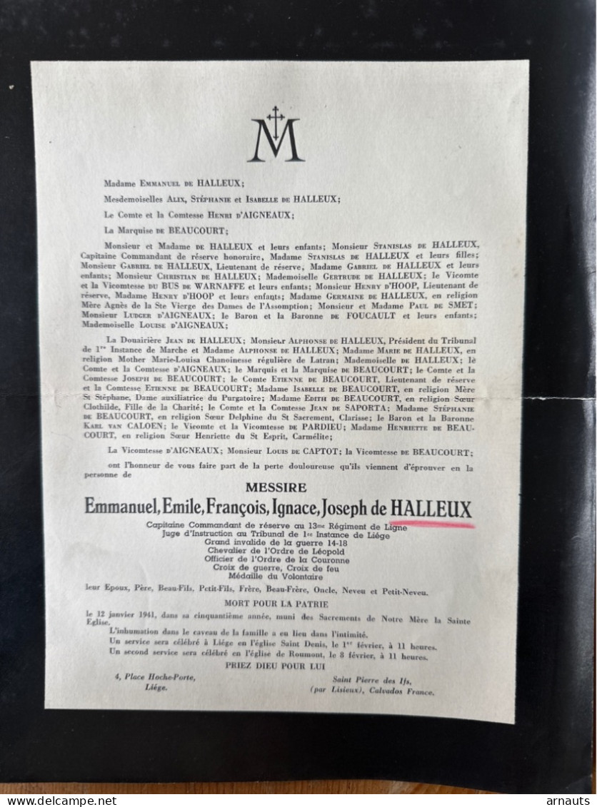 Messire Emmanuel De Halleux +1941 25 Ans Mort Pour La Patrie 40-45 WOII Liege Roumont D’Aigneaux De Beaucourt D’Hoop - Todesanzeige