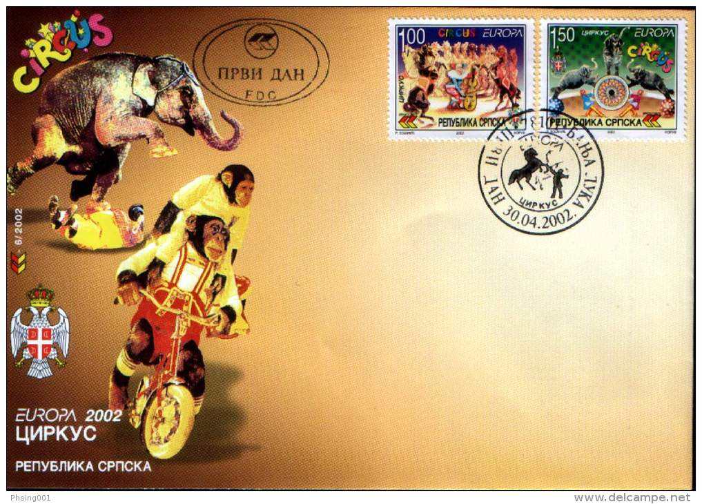 Bosnia Serbia 2002 Europa CEPT Circus Fauna Elephants Horses Monkeys, Set A FDC - Elefantes