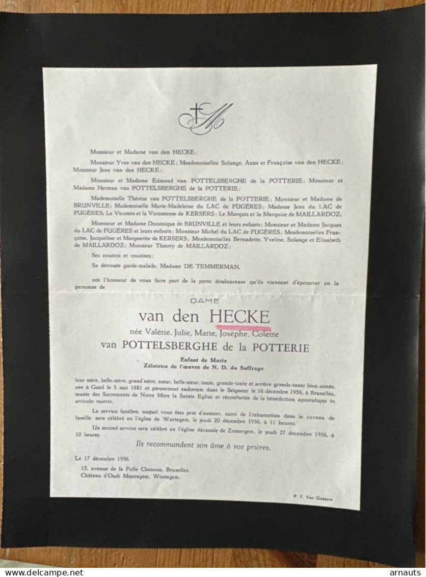Dame Van Den Hecke Nee Van Pottelsberghe De La Potterie *1881 Gand +1956 Bruxelles Wortegem Zomergem Du Lac De Fugeres D - Todesanzeige