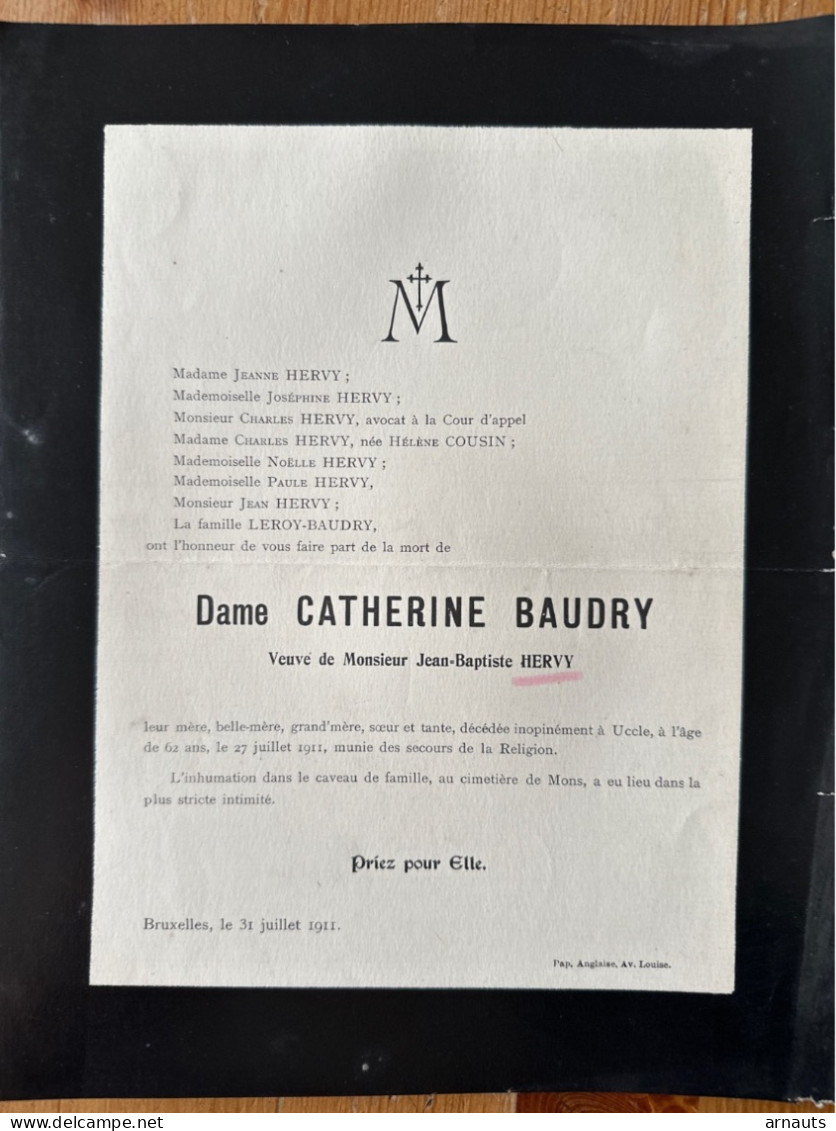 Dame Catherine Baudry Veuve Monsieur Hervy Jean-Baptiste *1849+1911 Uccle Mons Bruxelles Cousin Leroy - Obituary Notices