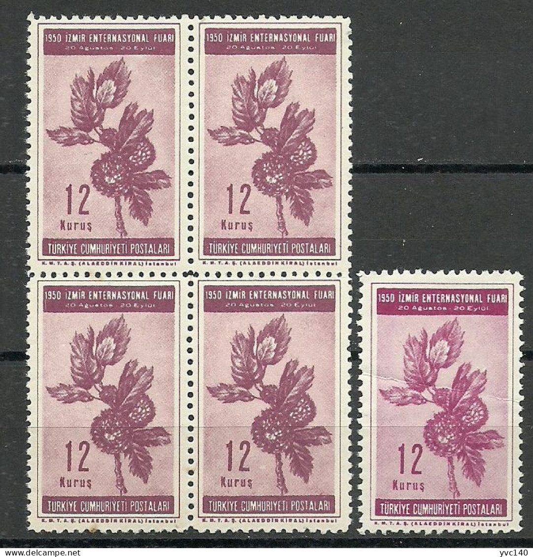 Turkey; 1950 Izmir International Fair 12 K. "Color Tone Variety" (Block Of 4) - Ungebraucht