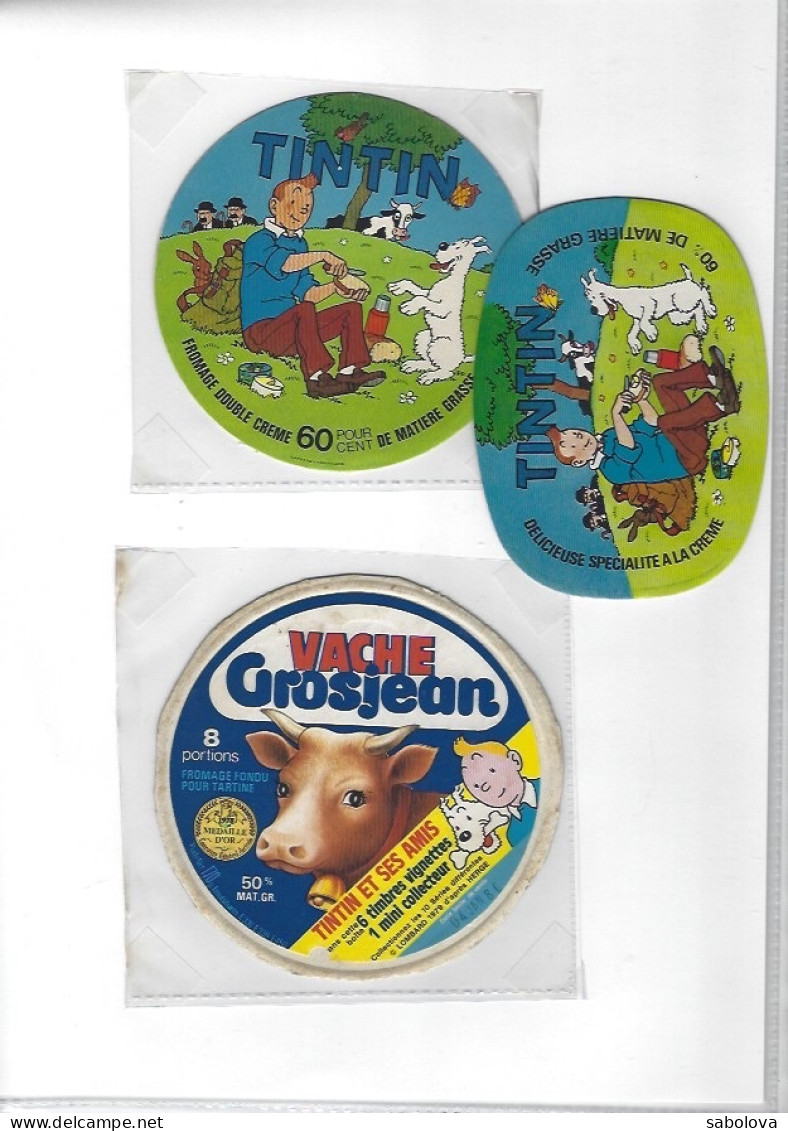 Tintin Publicité Fromage : 1 Vache Grosjean, 2 Fromage Tintin étiquette Ronde Et Ovale - Objetos Publicitarios