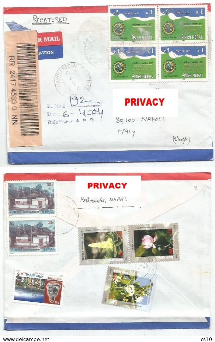 Nepal Airmail Registered Cover K.7apr2004 To Italy With 10 Stamps Incl.Block4 Health Campaign, Flowers, Buddah, Temples - Népal