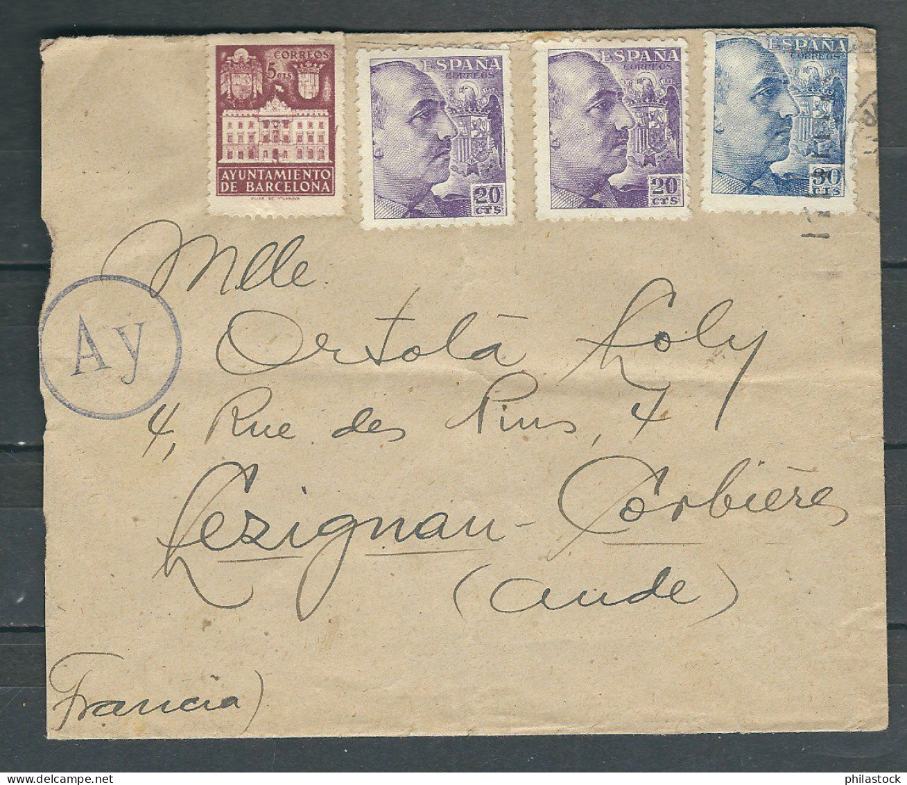 ESPAGNE 1943 Lettre Censurée De Barcelone Pour Lézignan France - Briefe U. Dokumente