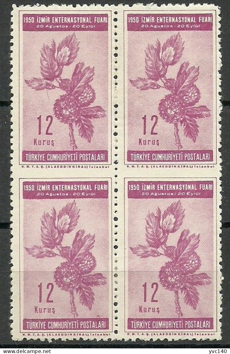 Turkey; 1950 Izmir International Fair 12 K. ERROR "Partially Imperf." (Block Of 4) - Unused Stamps