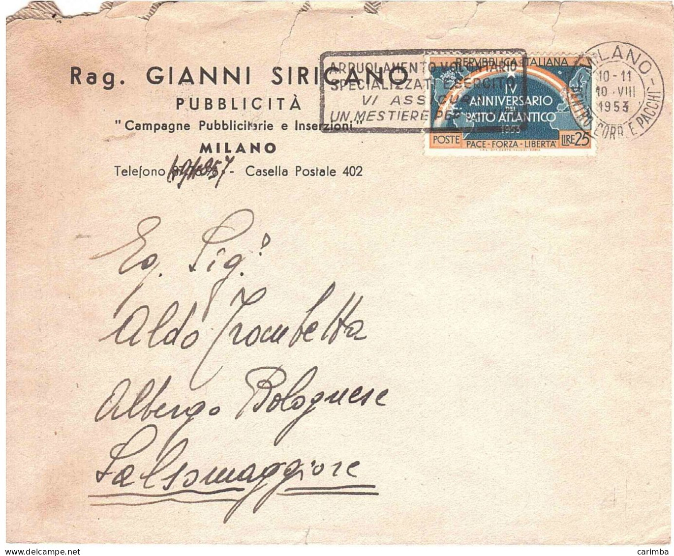 1953 L.25 PATTO ATLANTICO ANNULLO TARGHETTA ARUOLAMENTO VOLONTARIO - 1946-60: Storia Postale