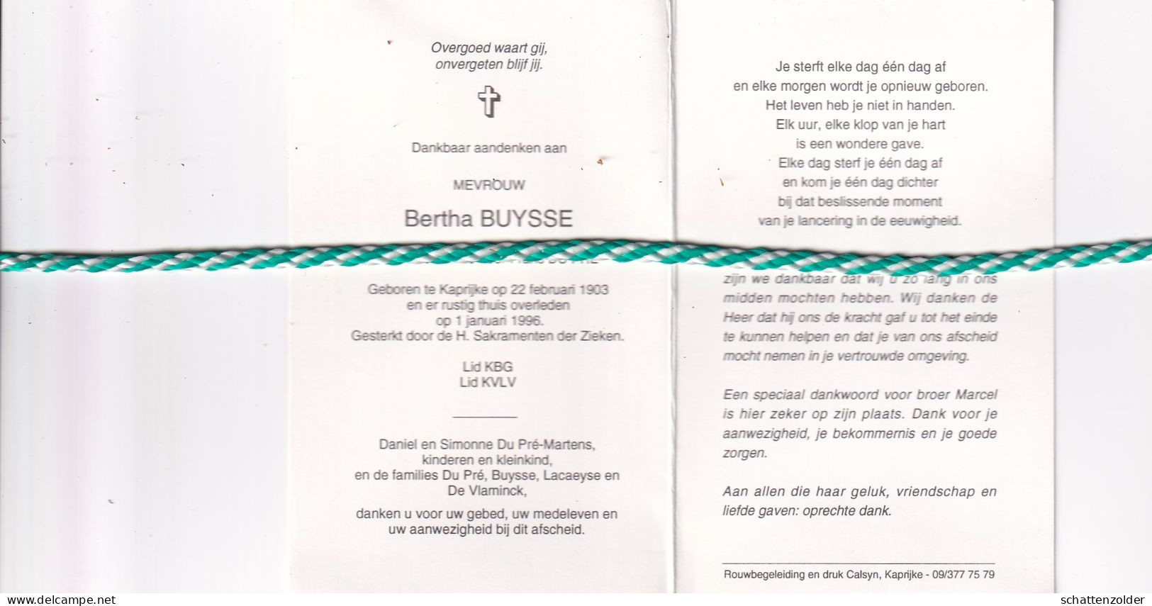 Bertha Buysse-Du Pré, Kaprijke 1903, 1996 - Todesanzeige