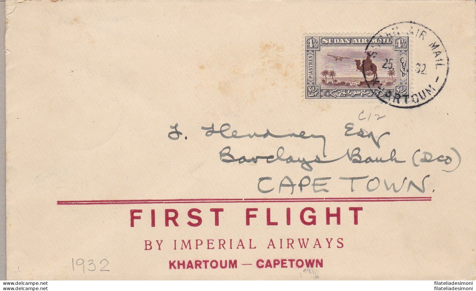 1932 , FIRST FLIGHT Khartoum-Capetown Muller 31 - Altri & Non Classificati