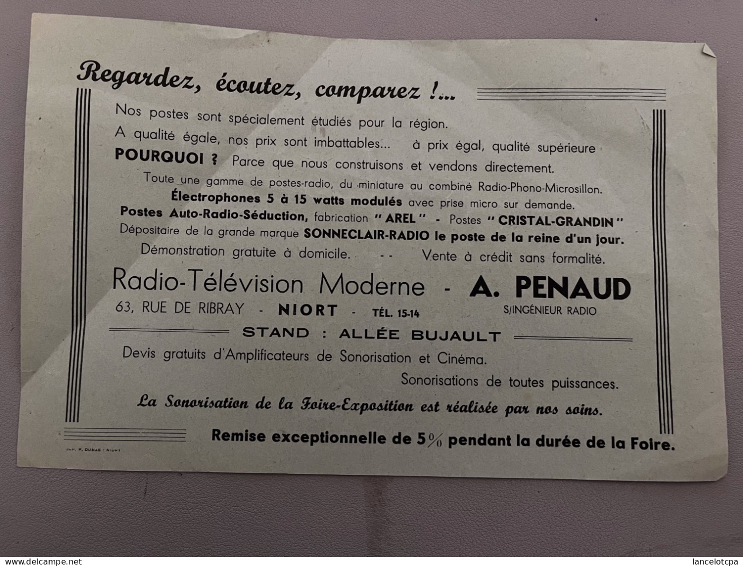 PUBLICITE / RADIO TELEVISION MODERNE A. PENAUD 63 RUE DE RIBRAY à NIORT - Publicités