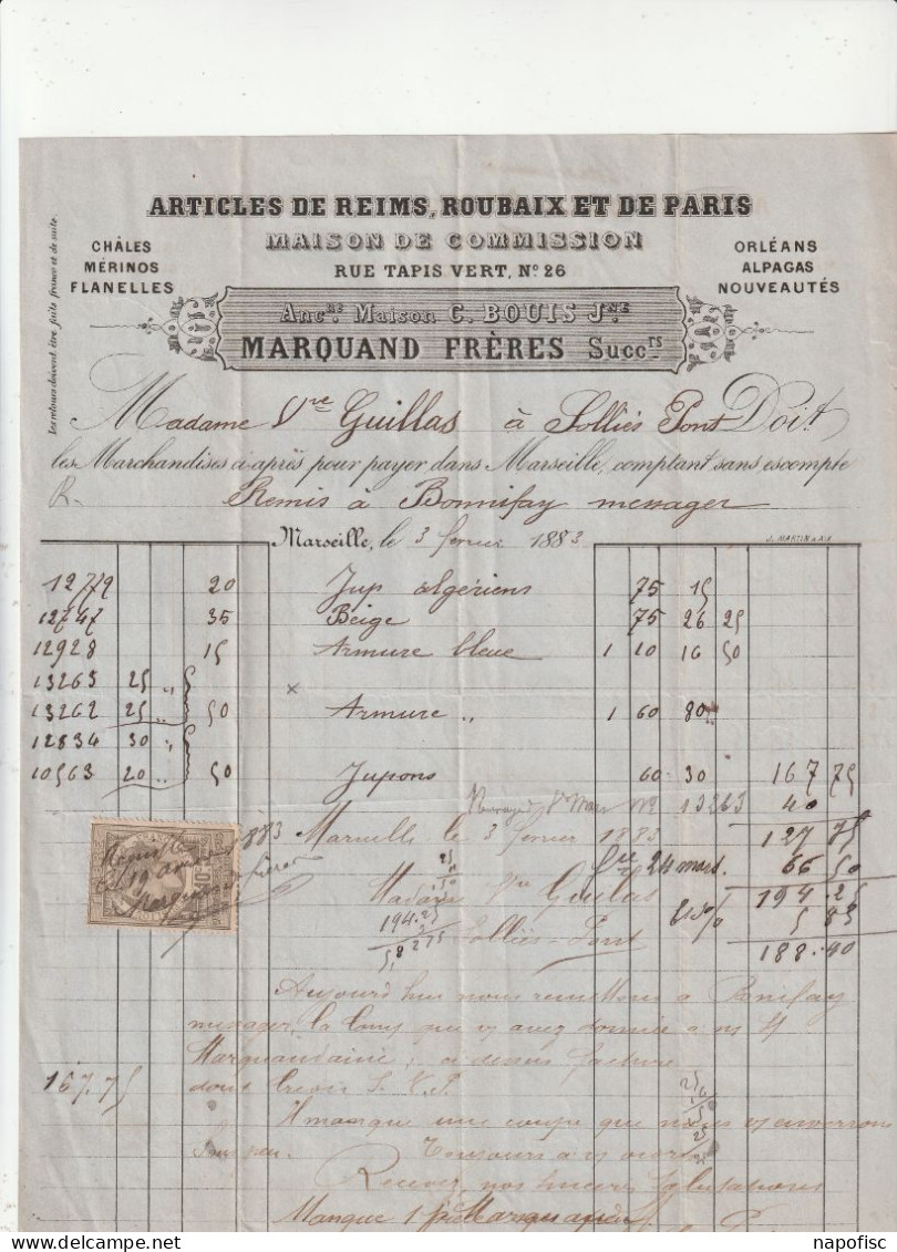 13-Marquand Frères...Articles De Reims, Roubaix & De Paris....Marseille...(Bouches-du-Rhône)...1883 - Kleding & Textiel