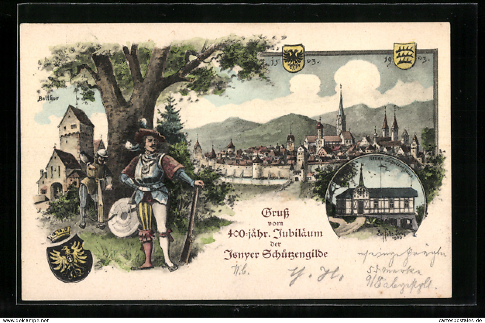 Lithographie Ganzsache PP27C40: Isny, 400-jähr. Jubiläum Der Schützengilde, Neues Schützenhaus, Betthor  - Cartoline