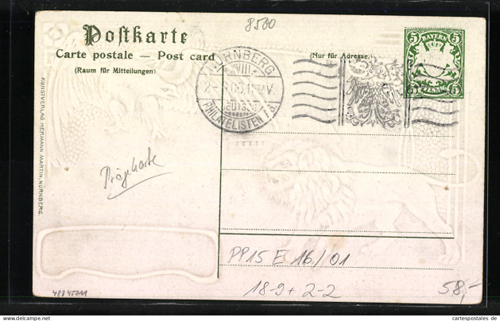 Lithographie Ganzsache Bayern PP15E16 /01: Nürnberg, Bayerischer Löwe Verteidigt Briefmarken Gegen Preussischen Adler  - Sellos (representaciones)
