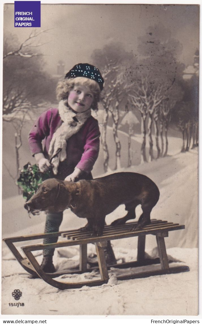 Scène De Noël - Rare CPA 1919 - Dachshund Vintage Postcard Dackel Dog Chien Enfant Fille Teckel Hiver Neige A62-8 - Cani