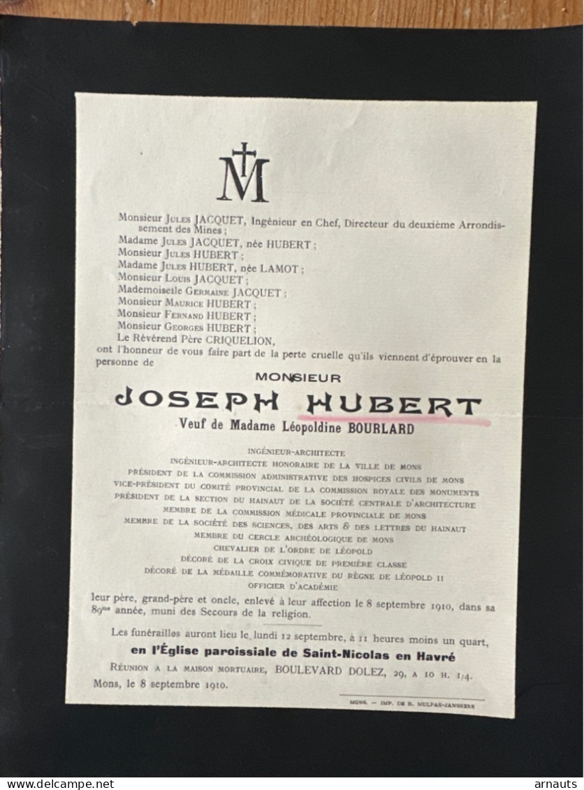 Mr Joseph Hubert Veuf Leopoldine Bourlard Ingenieur Architecte Ville Mons *1821+1910 Mons Havre Jacquet Lamot Criquelion - Obituary Notices