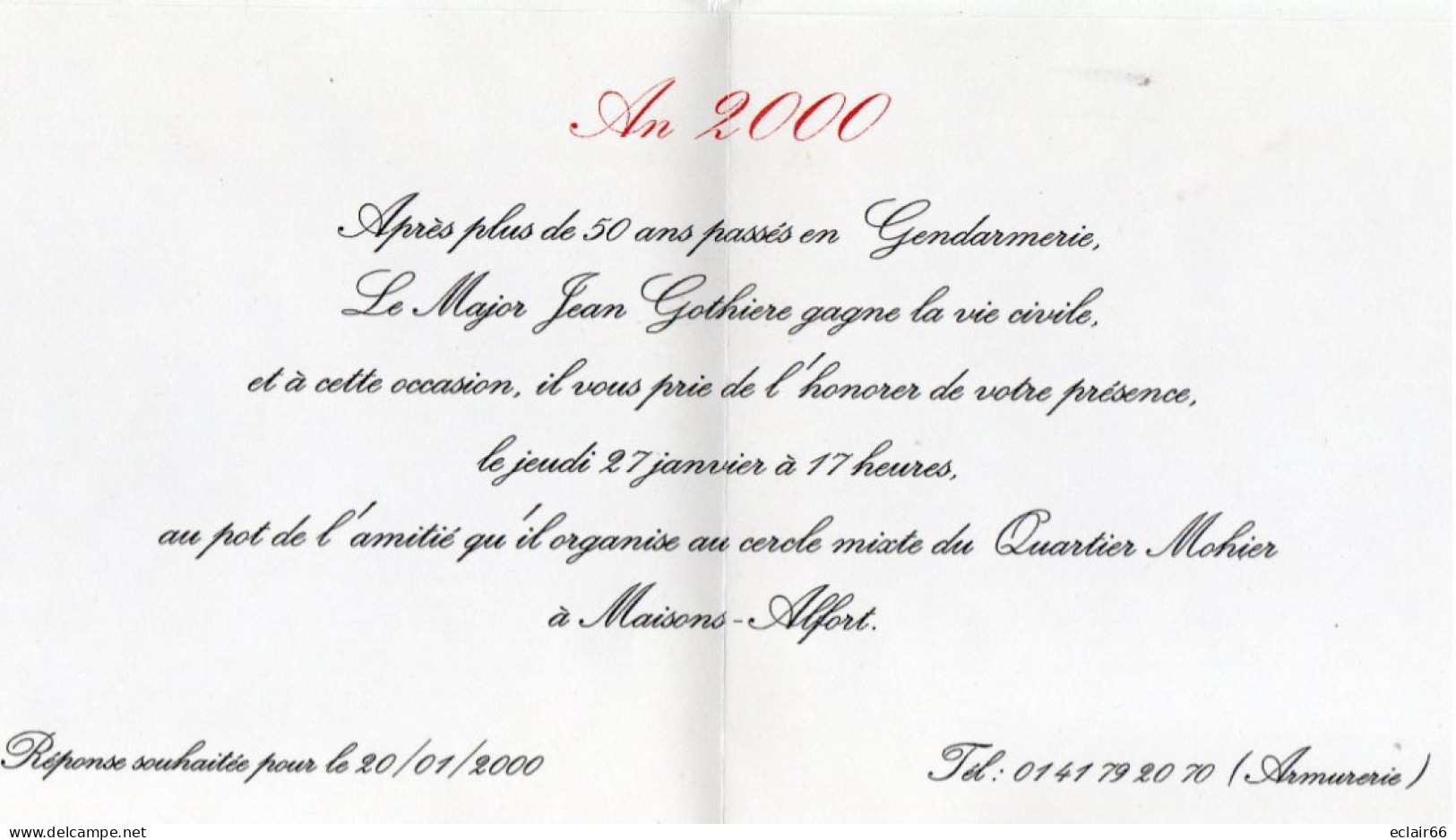94 Maison Alfort  Gendarmerie ANNEE 2000 INVITATION Au POT De L'Amitié Au Cercle Du Quartier MOHIER 27 Janvier Impeccabl - Maisons Alfort