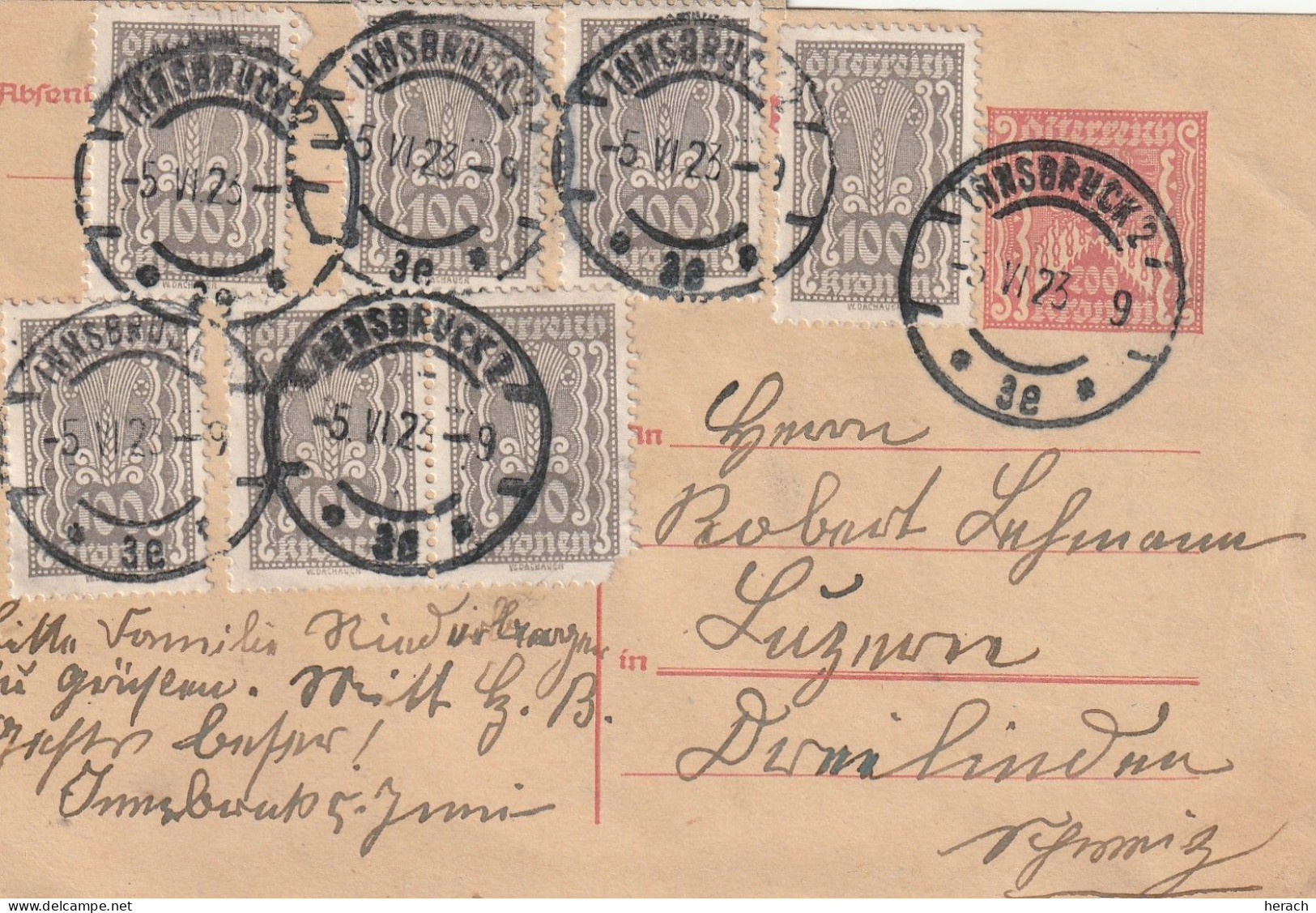 Autriche Entier Postal Innsbruck Pour La Suisse 1923 - Enveloppes