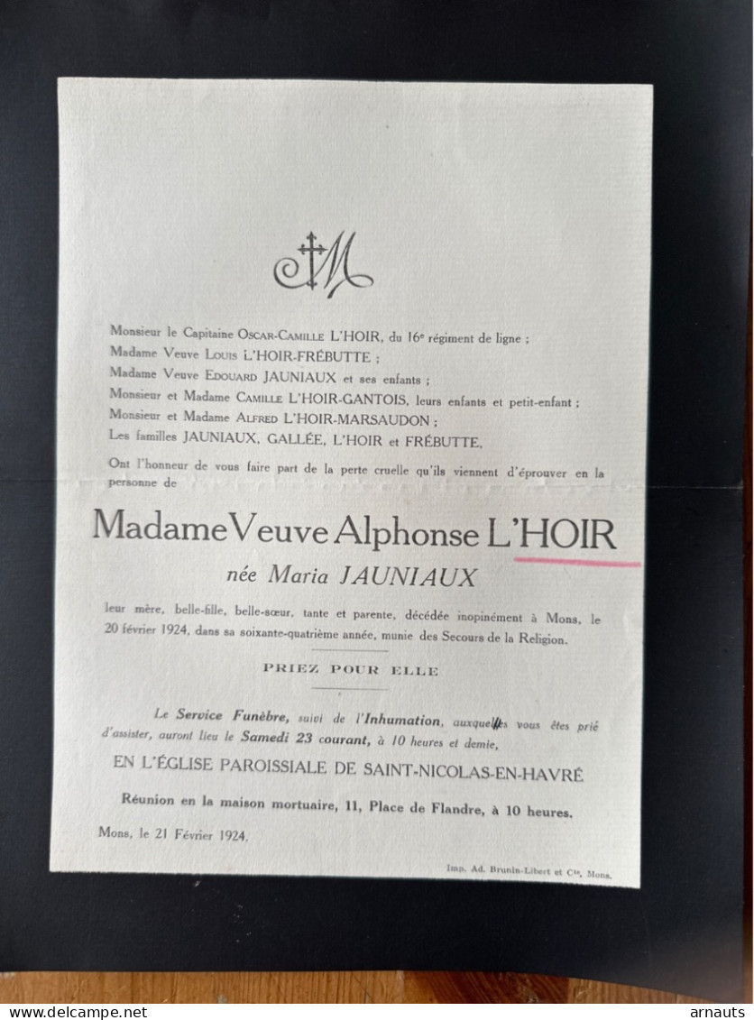 Madame Veuve Alphonse L’Hoir Nee Maria Jainiaux *1860+1924 Mons Havre Frebutte Gantois Marsaudon Gallee - Todesanzeige