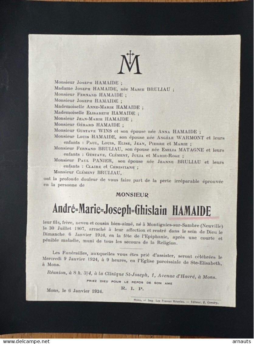 André Marie Joseph Ghislain Hamaide *1907 Montignies-sur-Sambre Neuville +1924 Mons Bruliau Wins Warmont Matagne Panier - Avvisi Di Necrologio