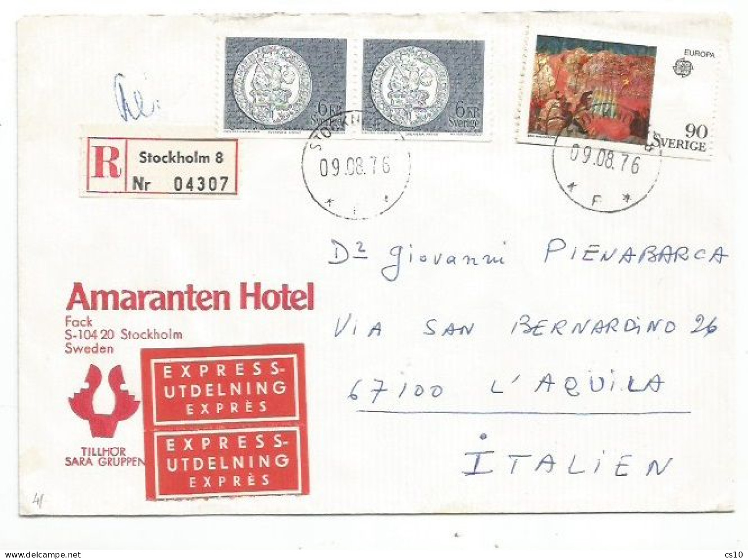 Sweden Registered & Express Hotel Cover Stockholm 9aug1976 To Italy With Europa CEPT O.90 + Gustav Seal 6Kr Pair - Brieven En Documenten