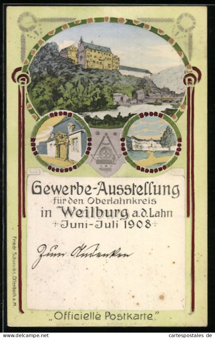 Lithographie Ganzsache PP27C96: Weilburg A. D. Lahn, Gewerbe-Ausstellung Für Den Oberlankreis 1908, Schloss  - Exhibitions