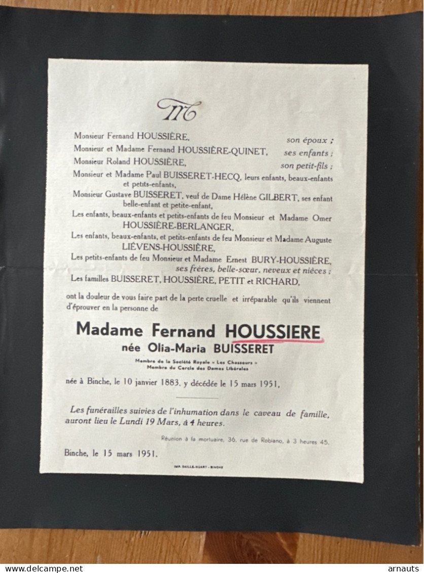Madame Fernand Houssiere Nee Olia Buisseret *1883 Binche +1951 Binche Cercle Dames Liberales Quinet Hecq Gilbert Richard - Avvisi Di Necrologio