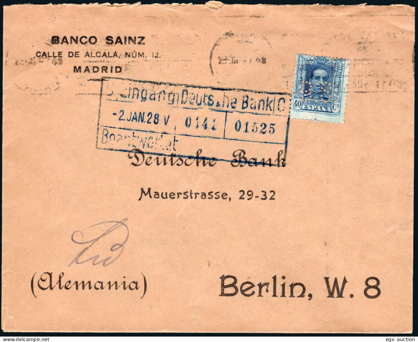 Madrid - Perforado - Edi O 319 - "B.S." (Banco) - Sobre De Madrid A Berlín - Cartas & Documentos