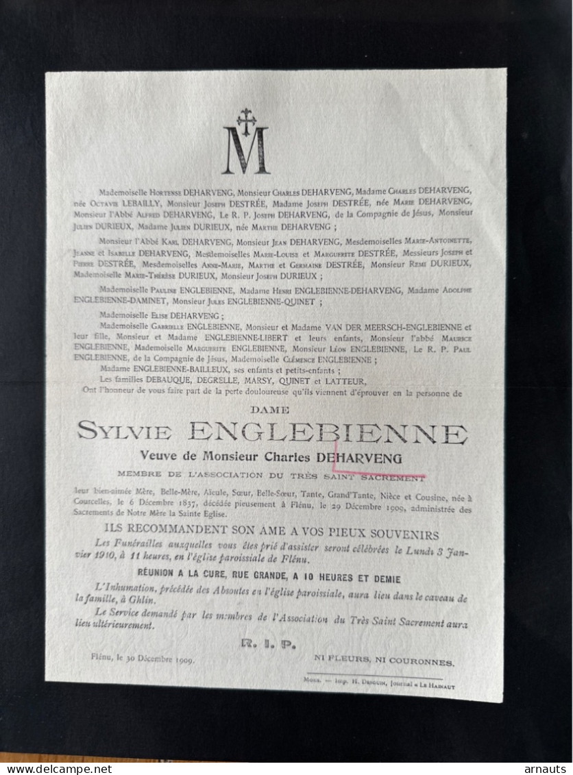 Dame Sylvie Englebienne Veive Charles Dehaeveng *1837 Courcelles +1909 Flenu Ghlin Mons Lebailly Destree Quinet Latteur - Todesanzeige