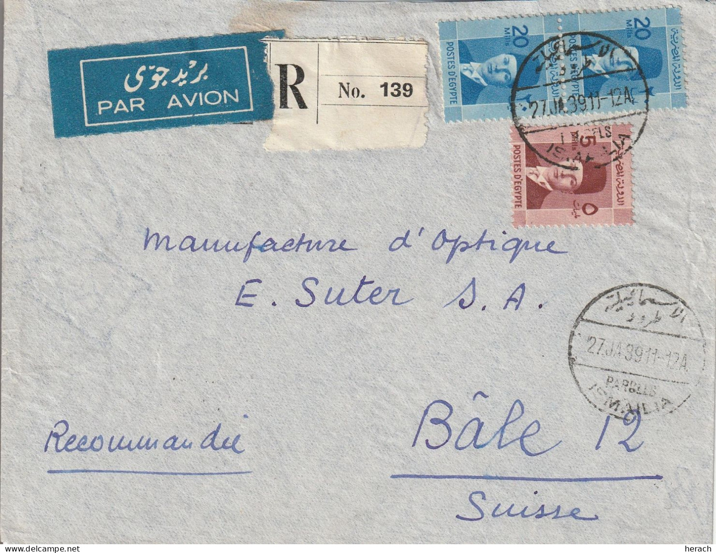 Egypte Lettre Recommandée Ismalia Pour La Suisse 1939 - Covers & Documents