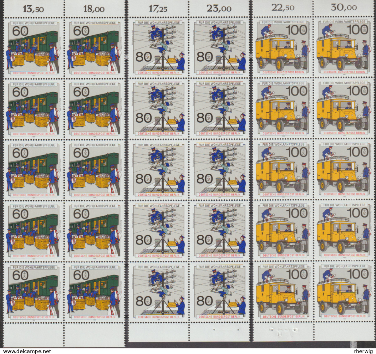 Berlin, 1990 Nr. 876-878 ** 3 Ungefaltete Bogenteile "Wohlfahrt: Postgeschichte"  Je 10 Marken, Komplette Sätze - Unused Stamps