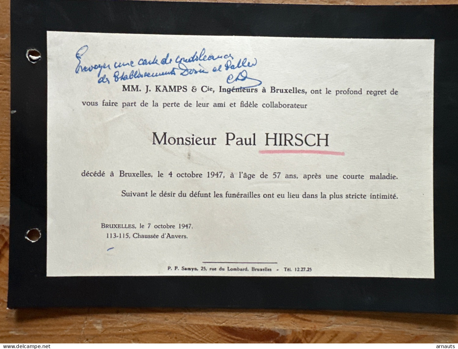 Mm J. Kamps & Cie Ingenieurs à Bruxelles Leur Perte De Leur Ami : Monsieur Paul Hirsch *1890+1947 Bruxelles - Obituary Notices