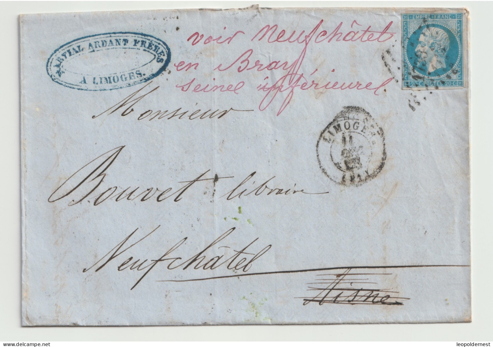 N°14 Sur Lettre. Erreur De Direction. - 1853-1860 Napoleone III