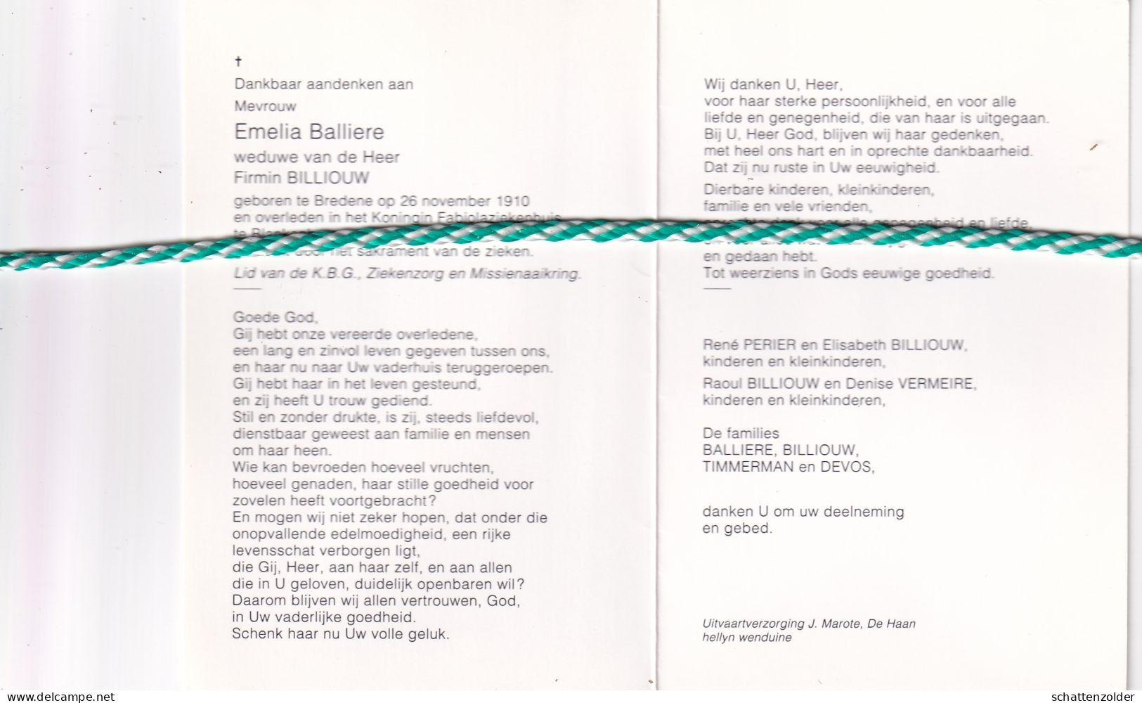 Emelia Balliere-Billiouw, Bredene 1910, Blankenberge 1995. Foto Dameshoed - Obituary Notices