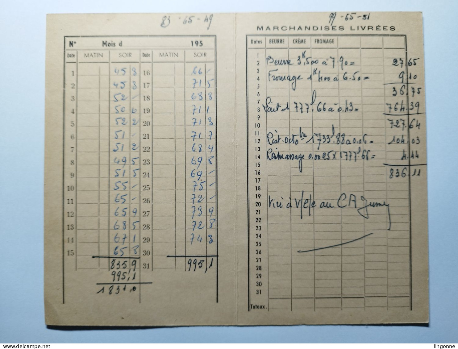 1964 CARNET COOPERATIVE LAITIERE De VERNOIS SUR MANCE PLATTE Ernest (Haute-Saone 70) MARCHANDISES LIVREES - 1950 - ...