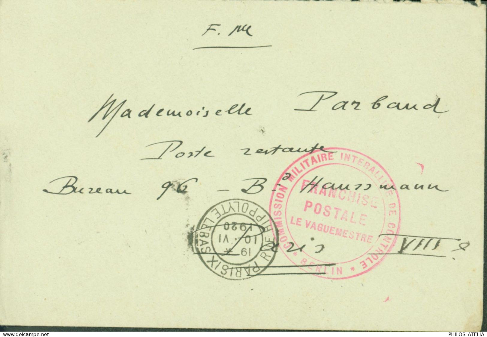 Lettre En FM Franchise Militaire Cachet Commission Militaire Interallié De Contrôle Berlin CAD Paris IX 10 VI 1920 - Other & Unclassified