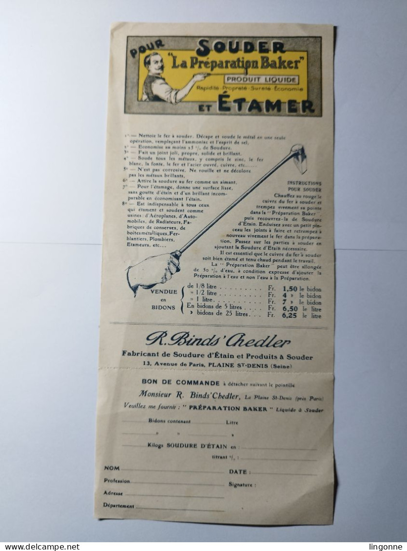 SOUDER LA PREPARATION BAKER Et ETAMER BON DE COMMANDE BINDS CHEDLER Fabricant Soudure D'ETAIN 13 X 29 Cm Env - Advertising