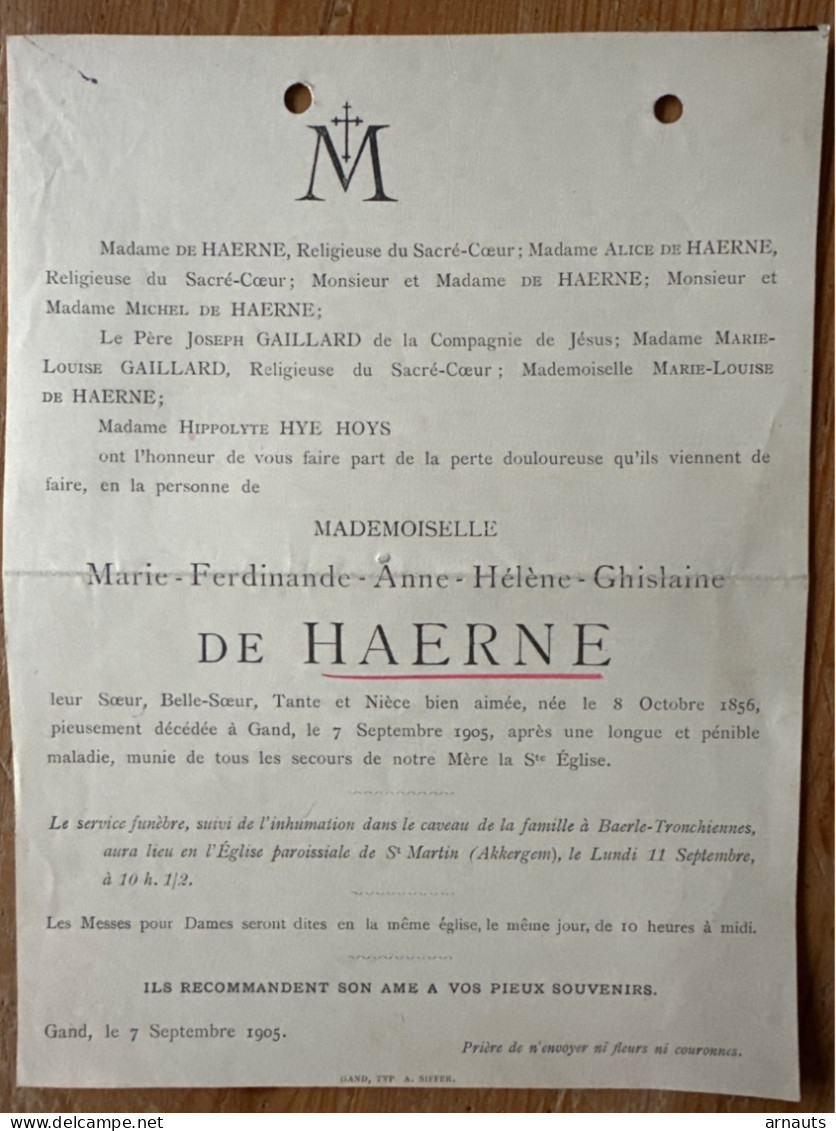 Mademoiselle Marie Ferdinande Anne Helene Ghislaine De Haerne *1856 +1905 Gand Akkergem Gaillard Hye - Décès