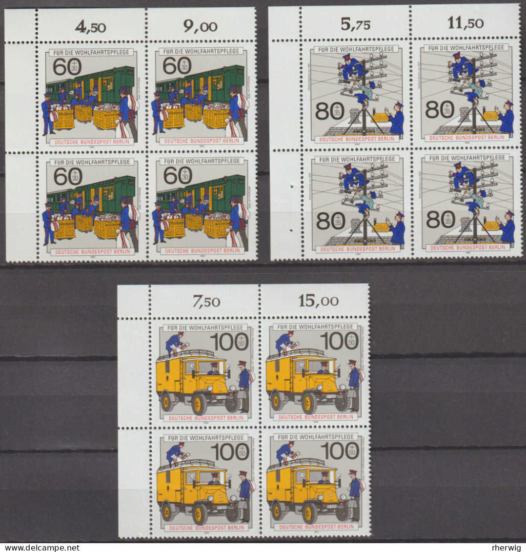 Berlin, 1990 Nr. 876-878 ** 3 Viererblöcke Mit Eckrand Oben Rechts "Wohlfahrt: Postgeschichte", Komplette Sätze - Unused Stamps