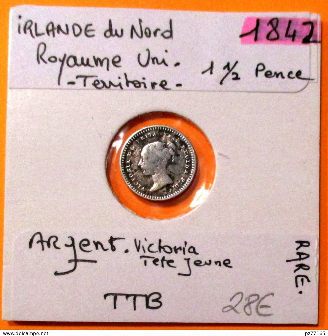 IRLANDE NORD TERRITOIRE ROYAUME UNI 1842 TTB. 1 1/2 PENCE RARE. Argent  Silver - Irlande