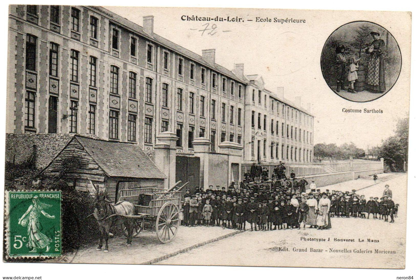 72 CHATEAU DU LOIR. ECOLE SUPERIEURE HYPER ANIMEE + ATTELAGE. EN 1907. BON ETAT - Chateau Du Loir