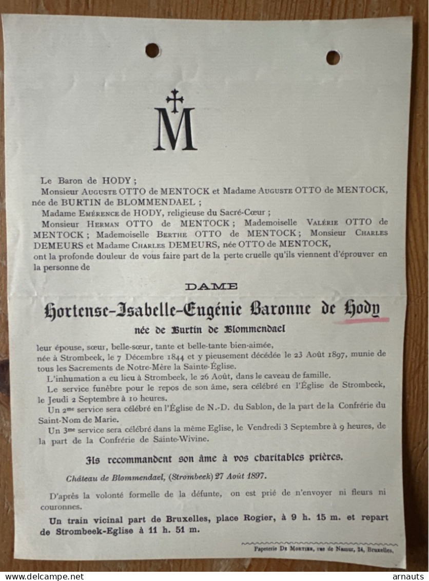 Dame Hortense De Hody Nee De Burton De Blommendael *1844 Strombeek +1897 Strombeek Bruxelles Otto De Mentock Demeurs - Todesanzeige