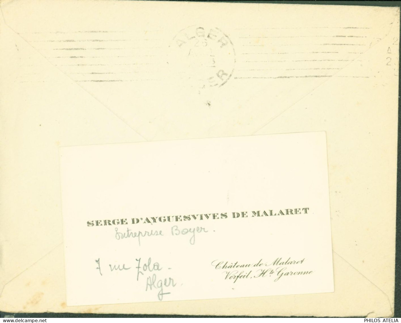 Gouverneur Général De L'Algérie Franchise CAD Alger Bourse 26 4 21 Carte Visite Serge D'Ayguesvives De Malaret - Autres & Non Classés