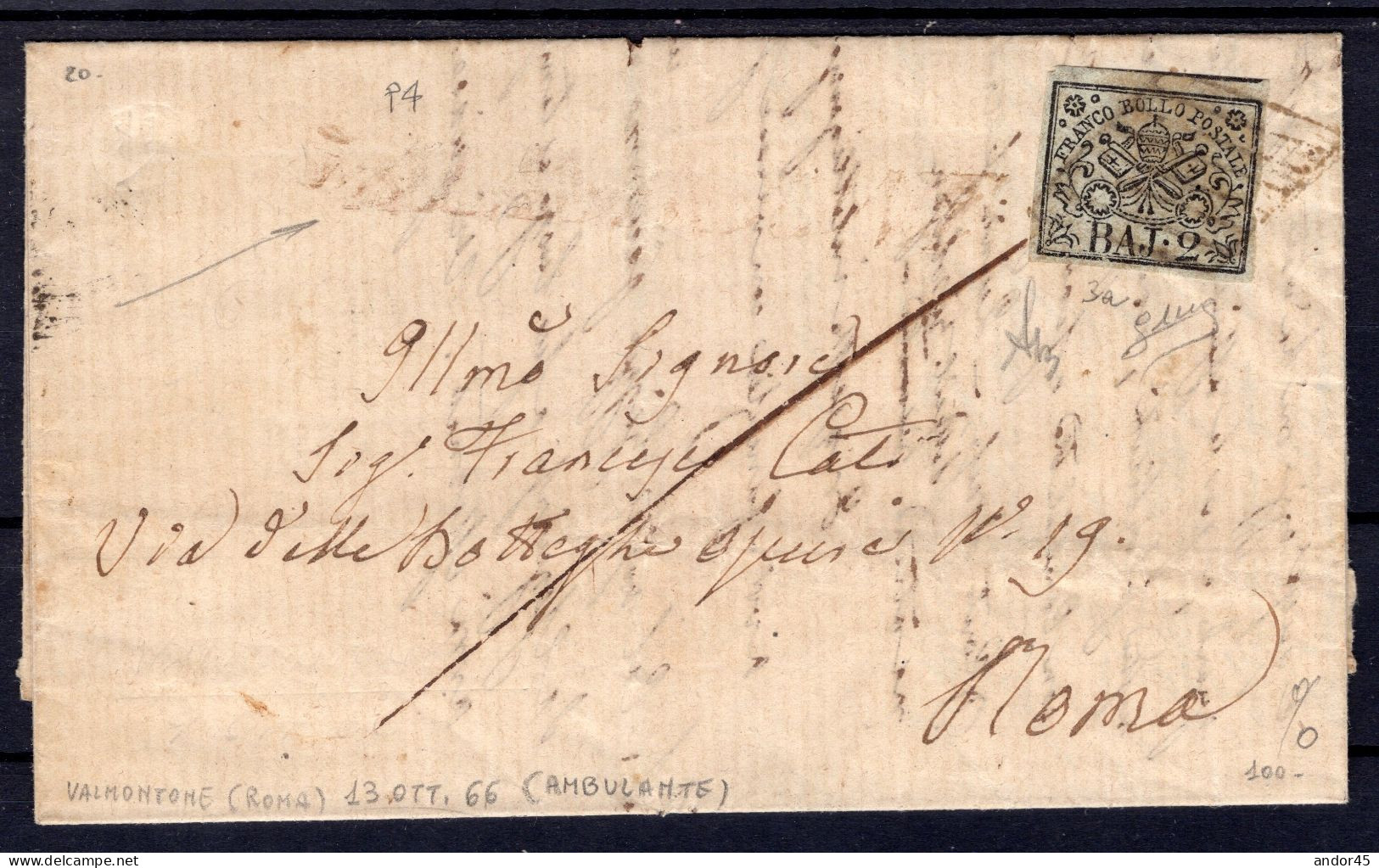 1866 13 OTT  2 BAJ   SASS.3a CON OTTIMI MARGINI  USATO  CON ANNULLO VALMONTONE + AMBULANTE  P4 SU PIEGO DI LETTERA CON T - Kirchenstaaten