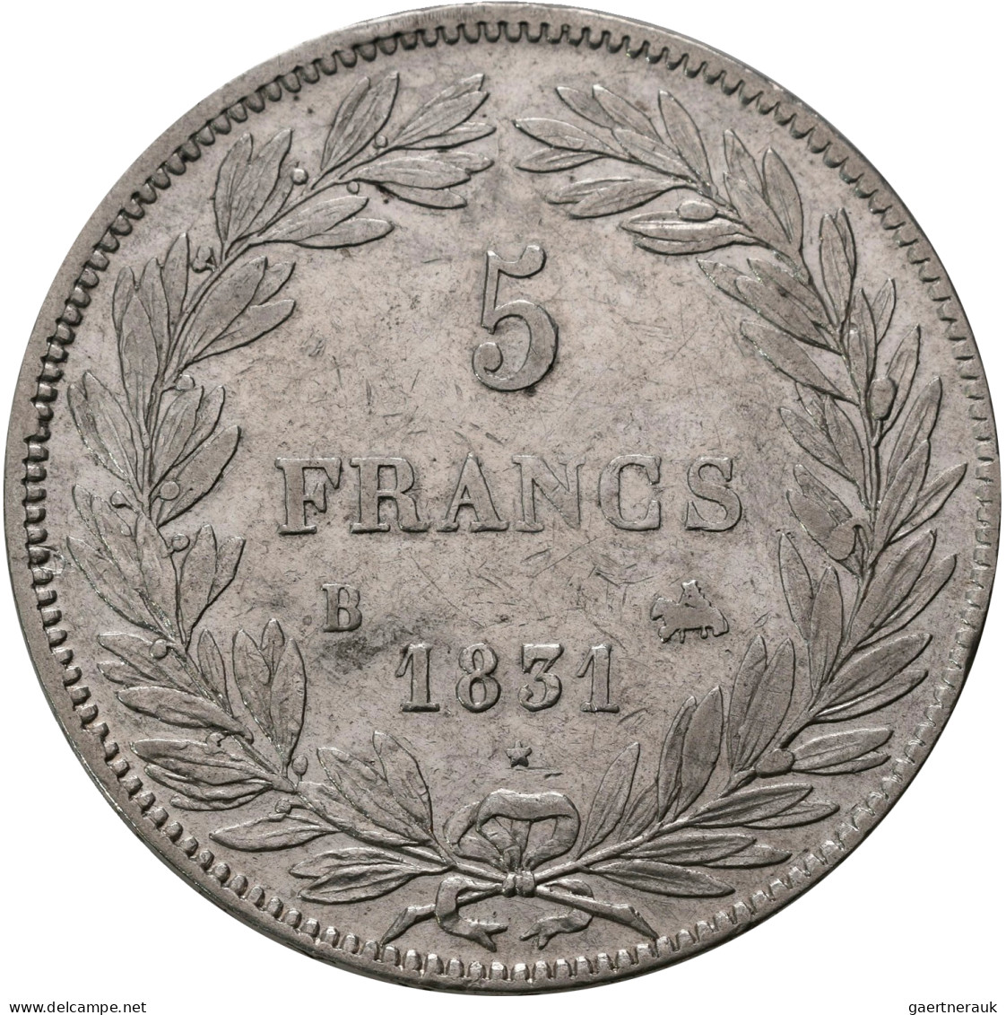 Frankreich: Louis Philippe I. 1830-1848: 5 Francs 1831 B, Rouen. 25,03 G. KM# 73 - Non Classés