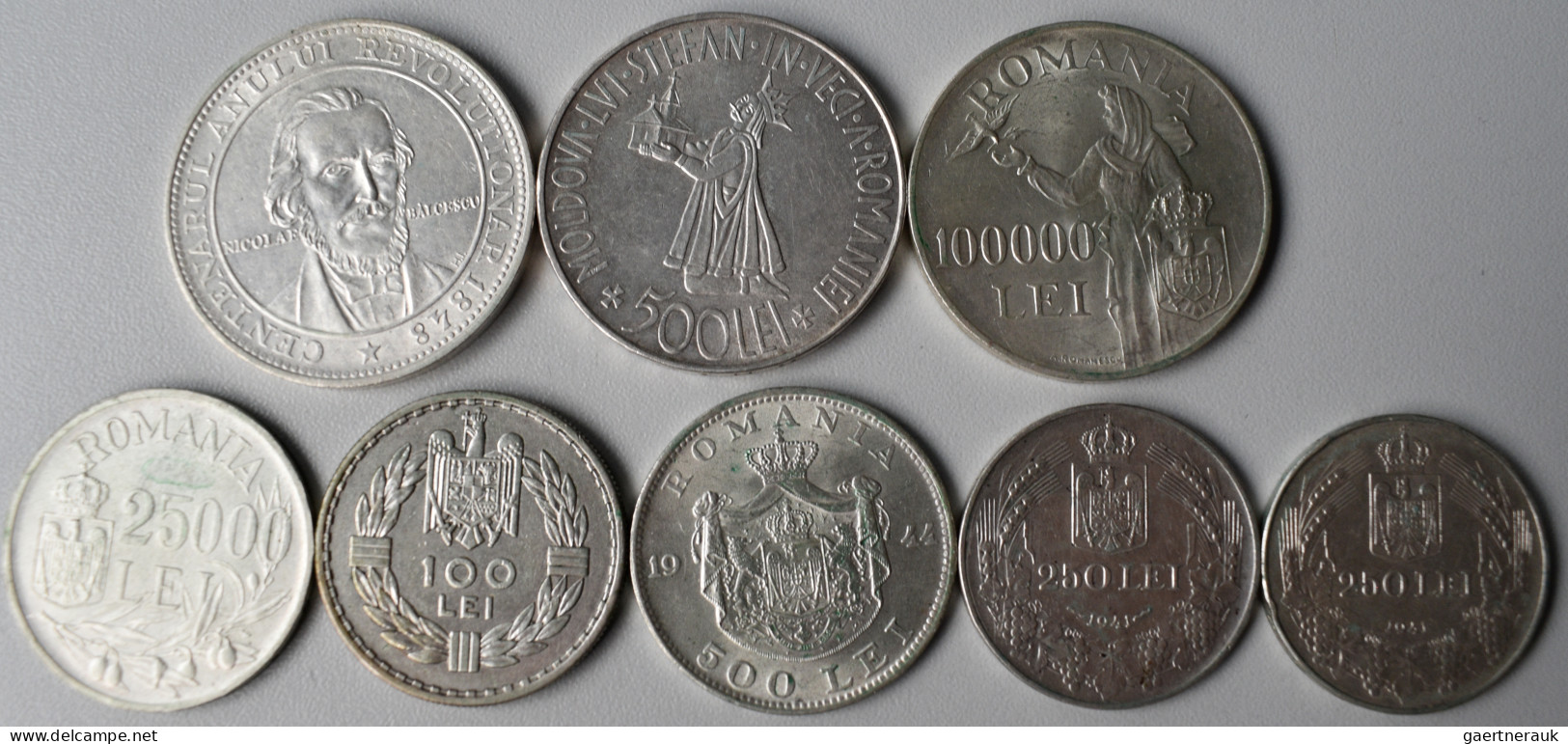 Rumänien: Lot 7 Silbermünzen Und 1 Silbermedaille; 100 Lei 1932, 2 X 250 Lei 194 - Rumania