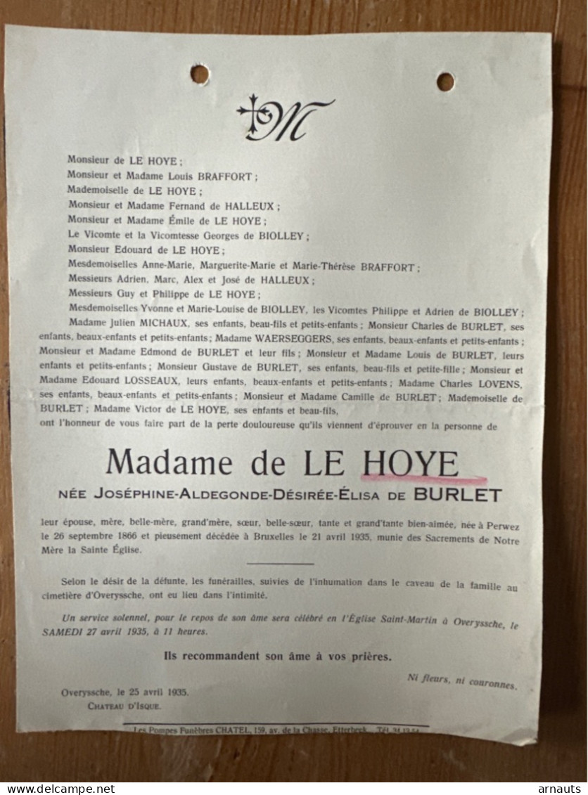 Madame De Le Hoye Nee Josephine De Burlet *1866 Perwez +1935 Bruxelles Overijse Chateau D’Isque Braffort Waerseggers - Avvisi Di Necrologio