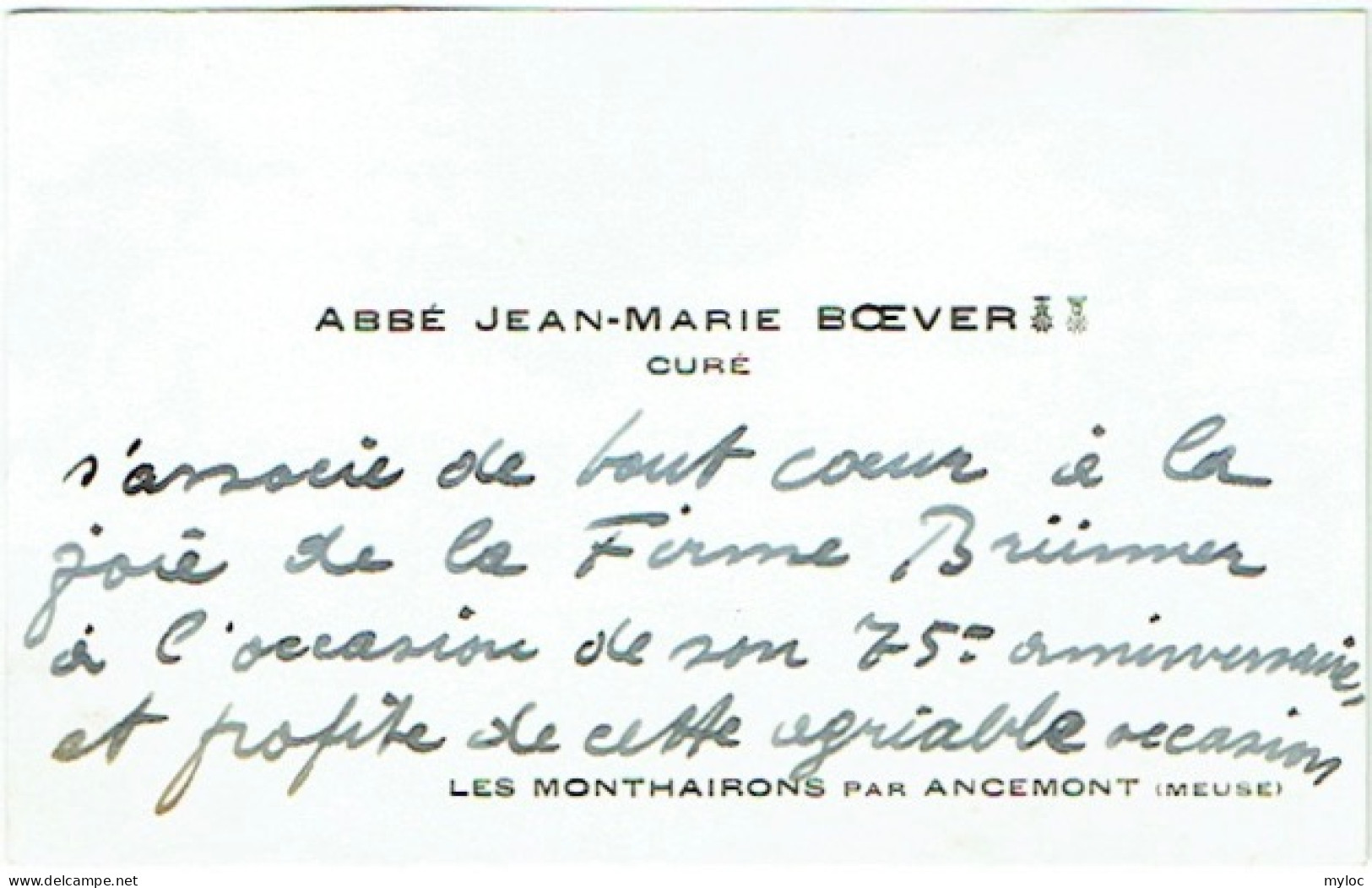 55. Meuse. Les Monthairons Par Ancemont. Carte Visite Avec Envoi De Abbé J.Marie BOEVER En 1954. - Visiting Cards