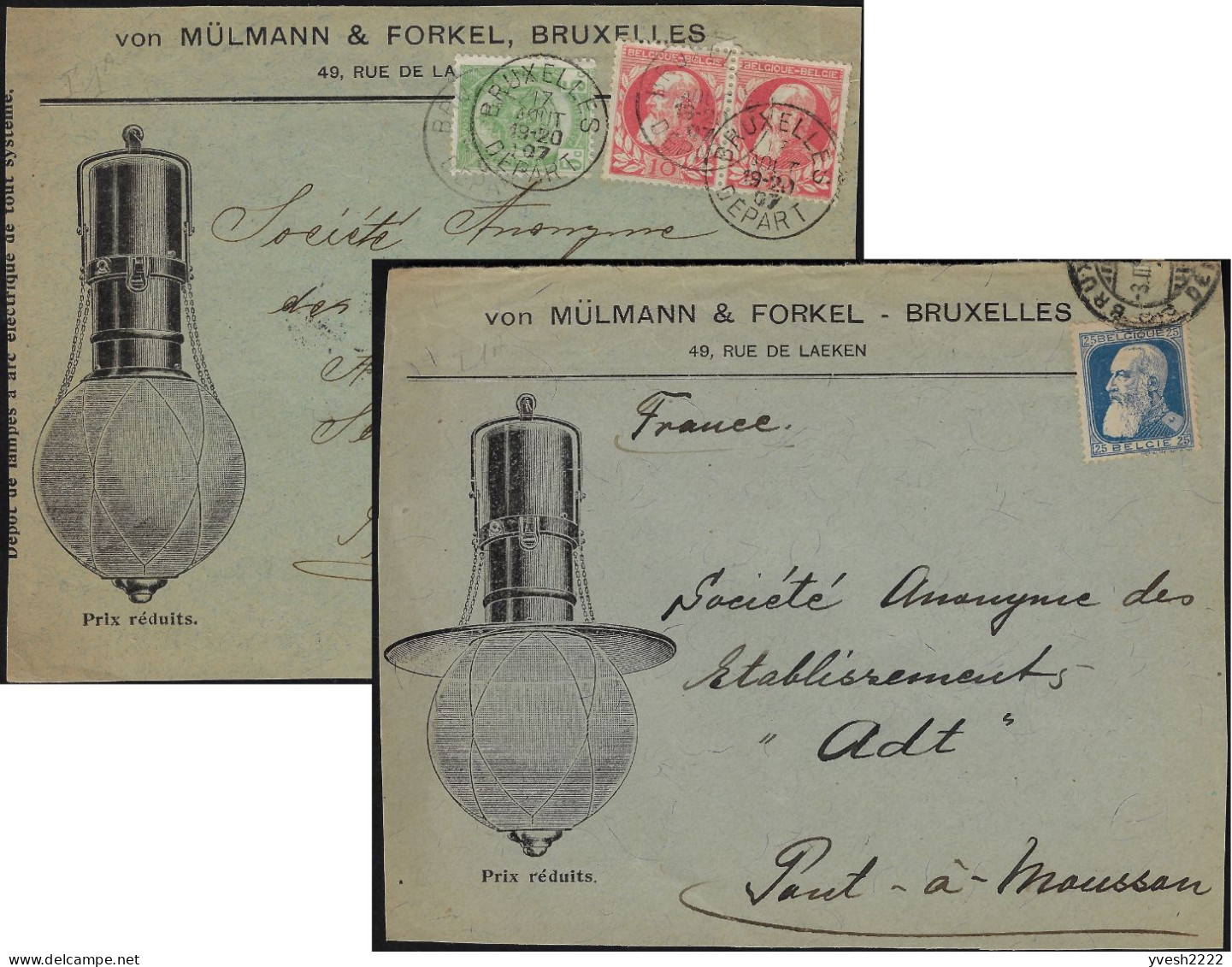 Belgique 1900 Y&T 74 Et 76. 2 Devants D'enveloppes. Von Mülmann & Forkel, Lampiste. Lampes Différentes - Electricity